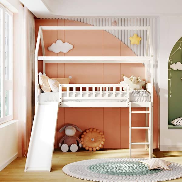 Polibi Twin Loft Bed with Slide, House Bed with Slide, White
