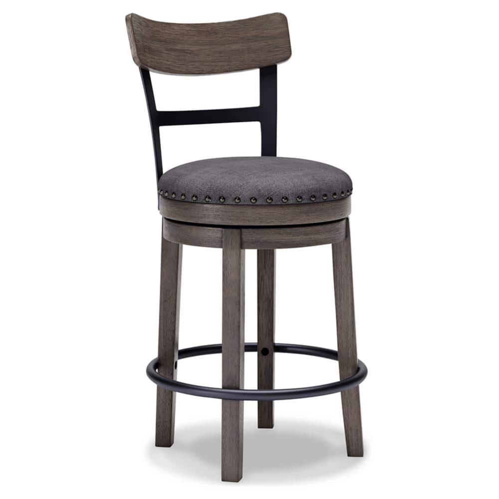 Gray Medium Wood and Metal Swivel Bar Stool with Nailhead Trim