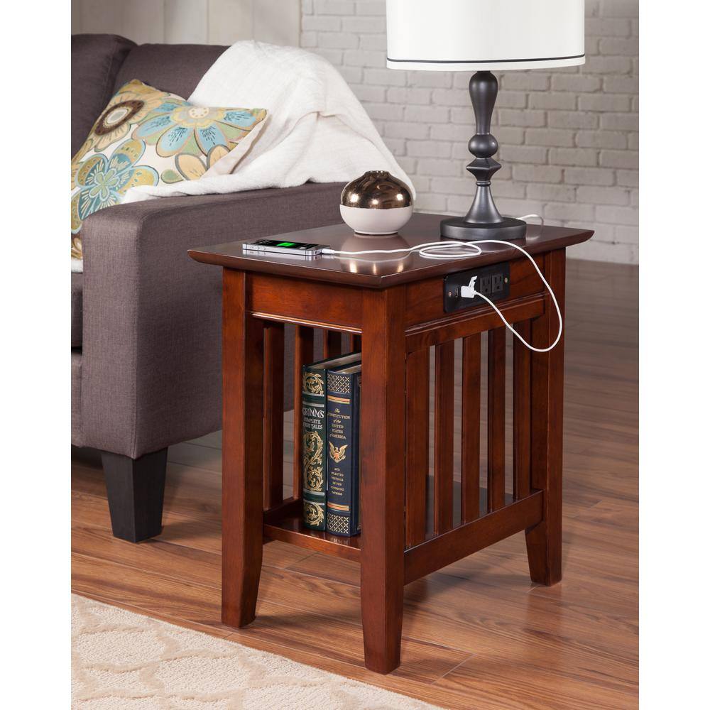 Walnut Brown Solid Hardwood Side Table Set with USB Charger