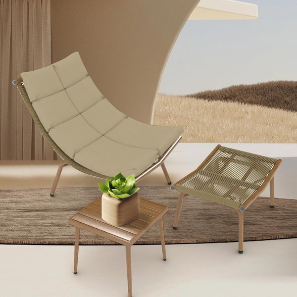 Tenleaf Metal Outdoor Chaise Lounge with Khaki Cushions and Table, Ottoman