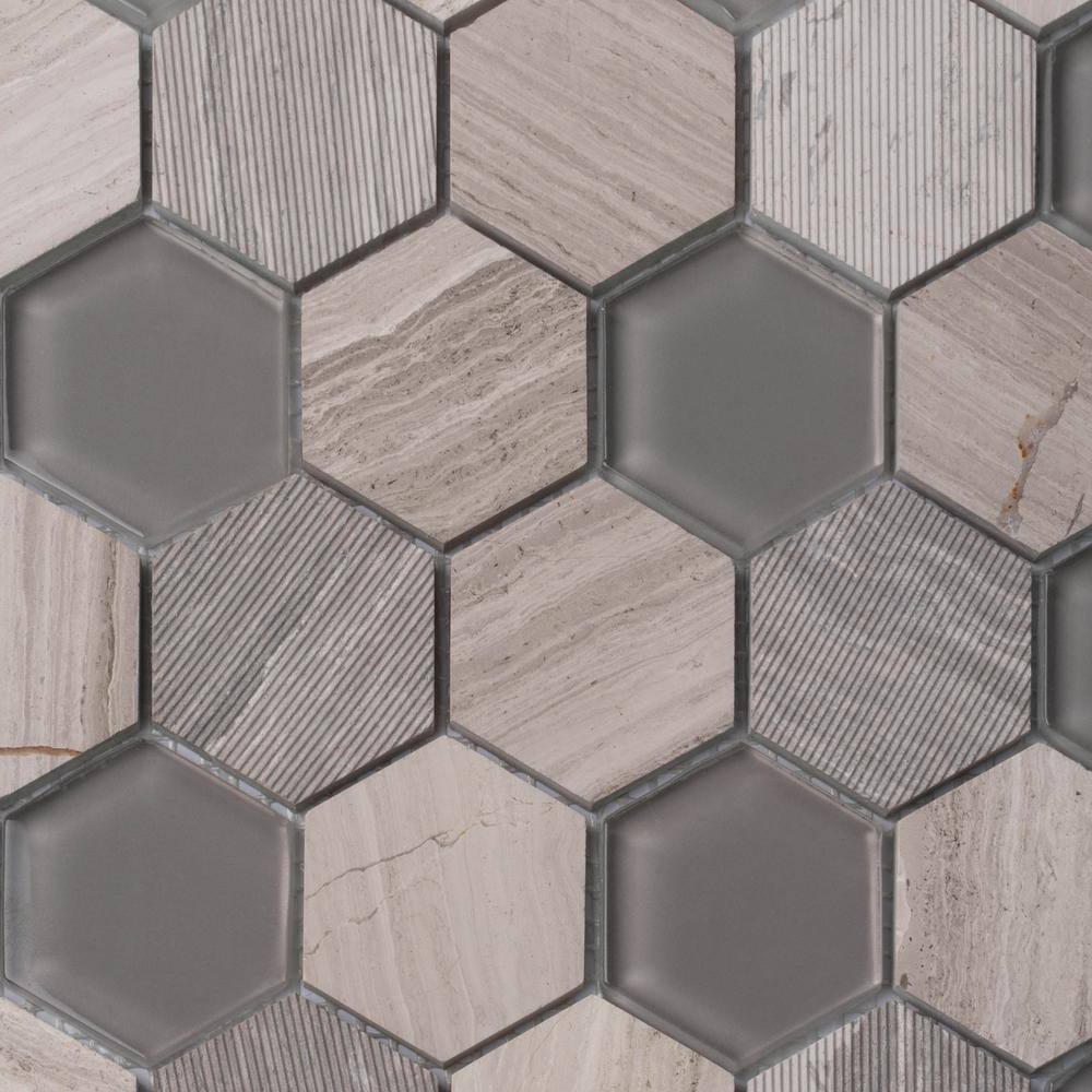 Gray Hexagon Glass and Marble Mosaic Tile for Walls and Floors