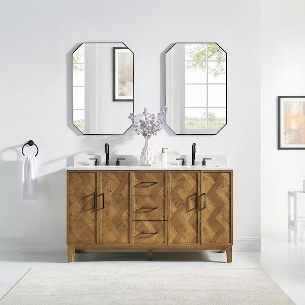 Clara 60 in. Double Freestanding Weathered Brown Bath Vanity with Calacatta Truffle White Quartz Top Assembled