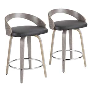 Grotto 29.75 in. Black Faux Leather & Light Grey Wood Low Back Counter Height Bar Stool Round Chrome Footrest (Set of 2)