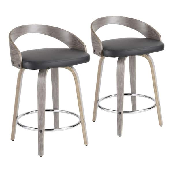 Lumisource Grotto 29.75 in. Black Faux Leather & Light Grey Wood Low Back Counter Height Bar Stool Round Chrome Footrest (Set of 2)