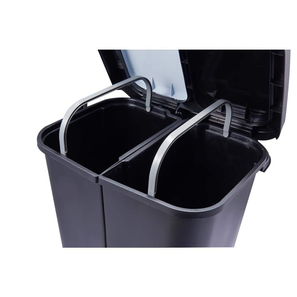 Black Dual Compartment Plastic Step Pedal Trash and Recycling Bin