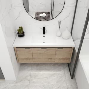 48 in. W x 18 in. D x 20.5 in. H Float Mounting Bath Vanity in Imitative Oak with White Resin Top,Single Sink,Soft Close
