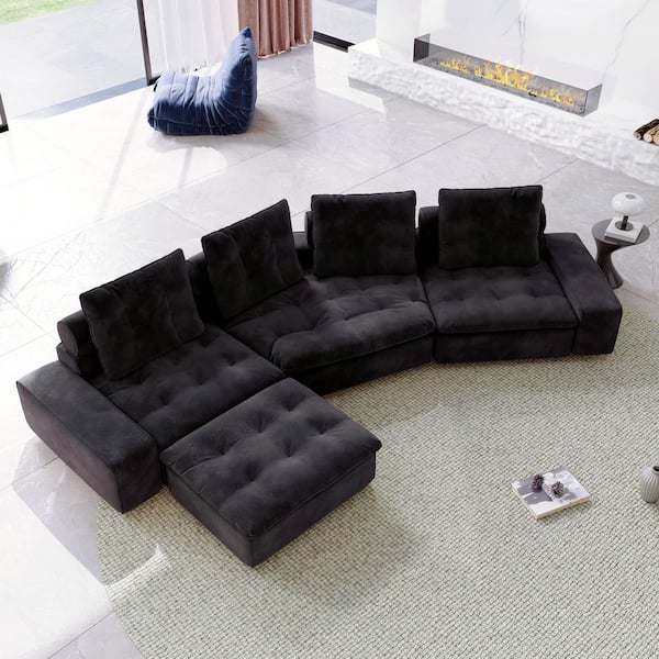 Cabriole Miami 162 in. Square Arm Oversized 4-Seat Velvet Modular Cloud Sectional Sofa with Adjustable Backrest in Gray