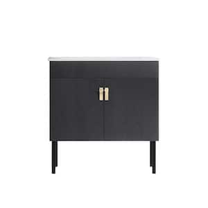 30 in.W x 18 in.D Black Rubber Wood Bath Vanity Cabinet with White Ceramic Basin Soft-Close Cabinet Doors and Metal Legs