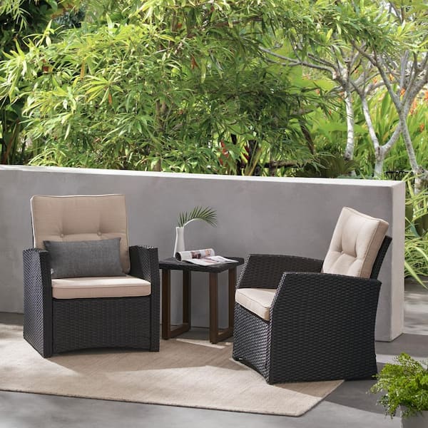 Noble House Luton Dark Brown Wicker Outdoor Lounge Chair with Beige Cushion (2-Pack)