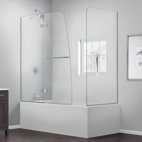 DreamLine Aqua Ultra 57 to 60 in. x 58 in. Hinged Semi-Frameless Tub Door with Return Panel in Brushed Nickel with Clear Glass