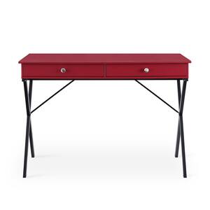 43.2 in. Red MDF Table Top 2-Drawers Writing Desk with Black Stoving Varnsih Steel Frame