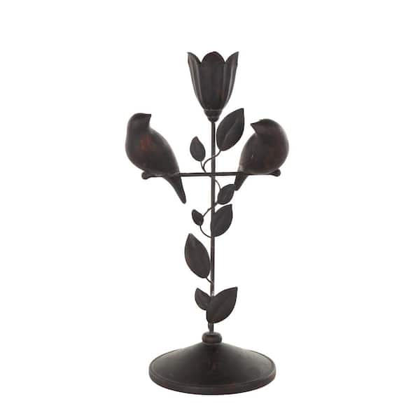 Litton Lane 7 in. x 14 in. Black Polystone Perching Bird Sculpture with Leaf Vine and Copper Shading