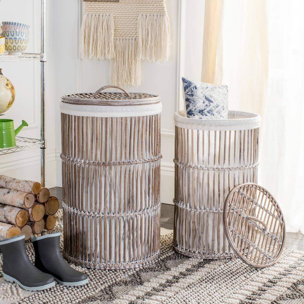 White Wash Rattan Cylinder Laundry Hampers with Removable Lids