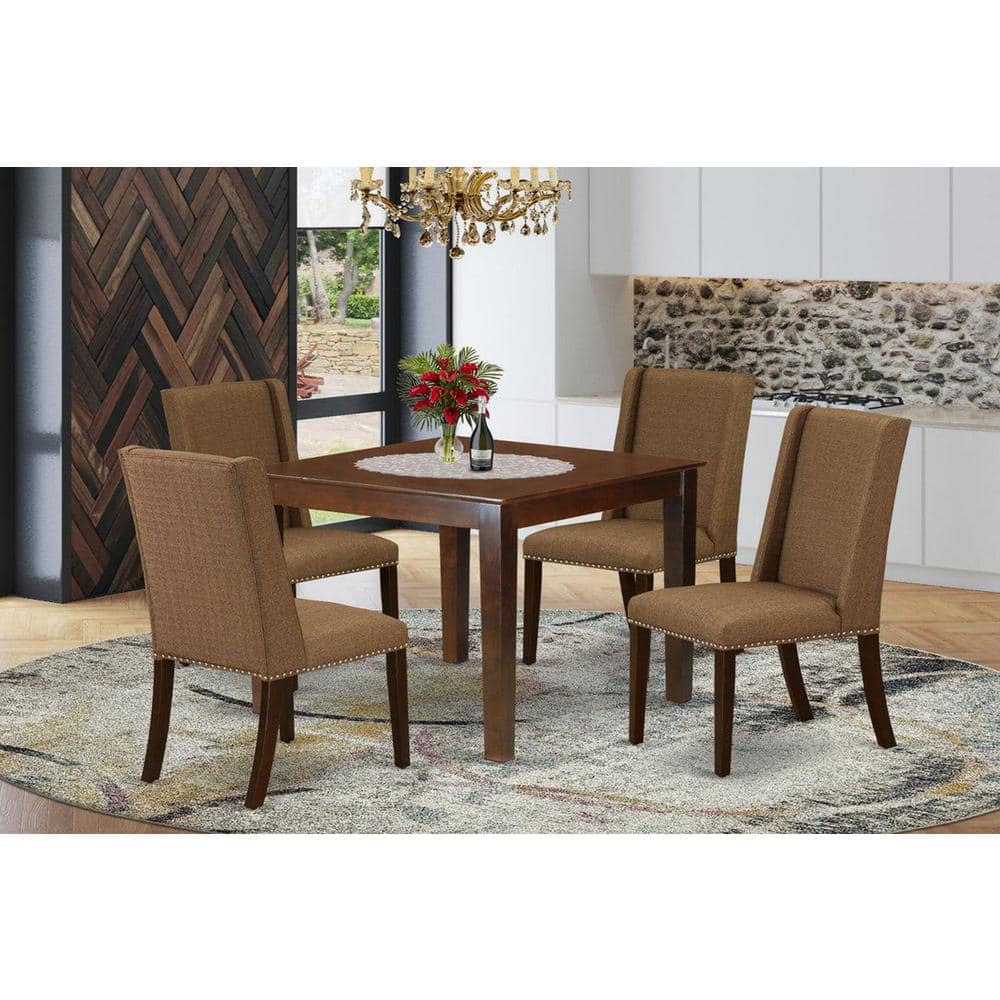 Mahogany Square Dining Set with Brown Beige Linen Chairs