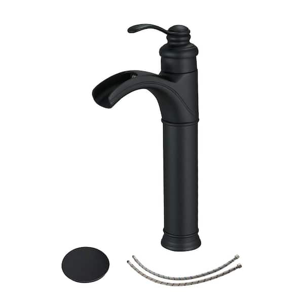 BWE Waterfall Single Hole Single-Handle Vessel Bathroom Faucet With Pop-up Drain Assembly in Matte Black