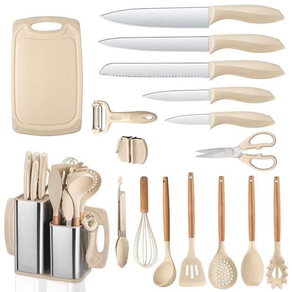 18-Piece Kitchen Utensil Knife Set, Heat Resistant Silicone Cooking Tools with Cutting Board and Storage Holder, Khaki