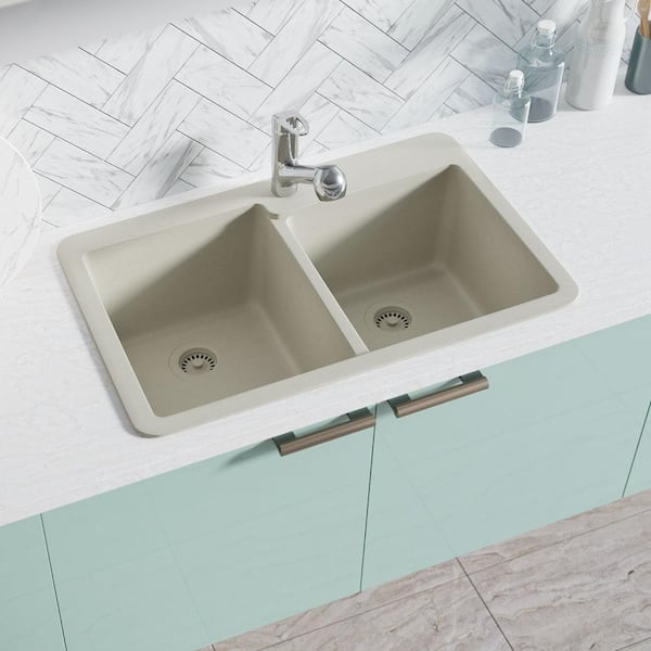 Rene Concrete Granite Quartz 33 in. Double Bowl Drop-In Kitchen Sink Kit