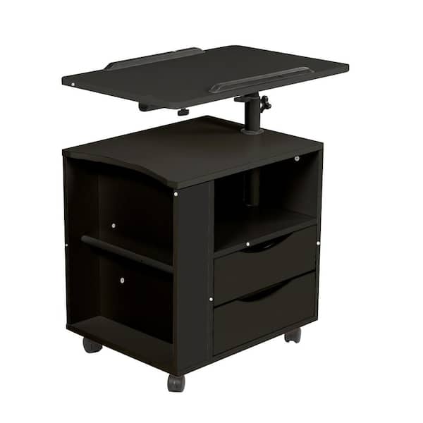 sumyeg Black Freestanding Wooden Swivel Top Nightstand Cabinet End Table with 2-Drawers and Open Shelves