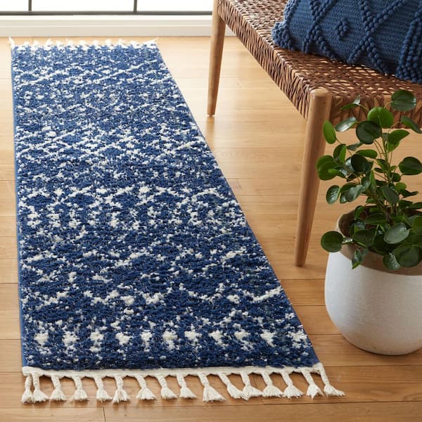 Berber Fringe Shag 2 ft. x 8 ft. Dark Blue/Ivory Ikat Runner Rug