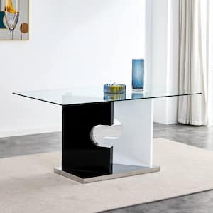 63 in. Minimalist Rectangular Glass Dining Table with Tempered Glass Tabletop and MDF Slab Shaped Base, Black and White