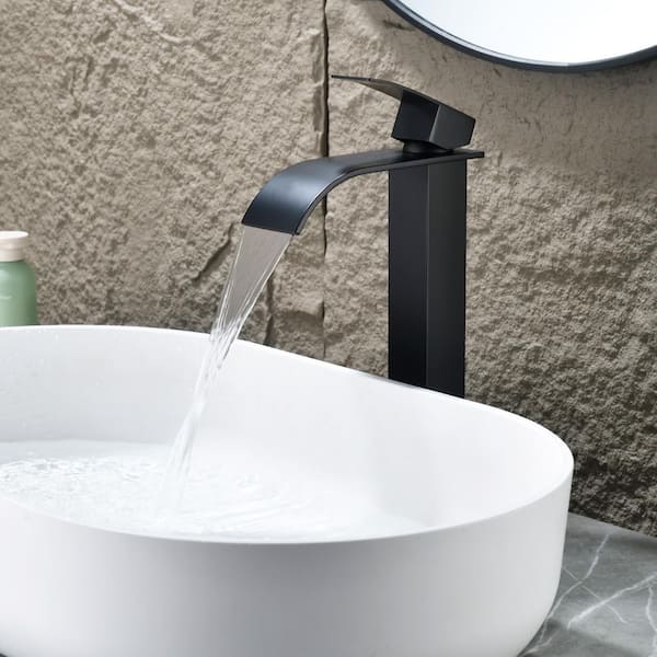 Single Handle Waterfall Vessel Sink Faucet with Pop-Up Drain in Matte Black