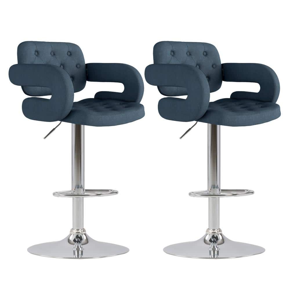 Dark Blue Fabric Bar Stool Set, For Living Adjustable Bar Stool With Armrests