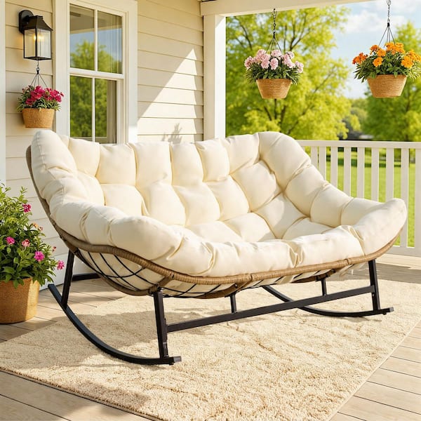 Unbranded Double Wicker Outdoor Rocking Chair Loveseat, Oversized 2-Person Patio Seating with Beige Cushion, 700 lbs. Capacity