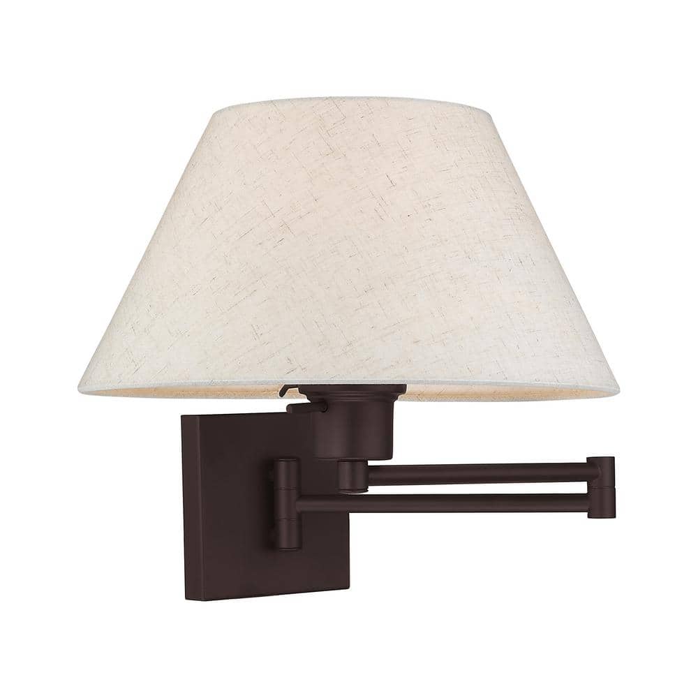 Bronze Finish Swing Arm Wall Lamp with Oatmeal Fabric Shade