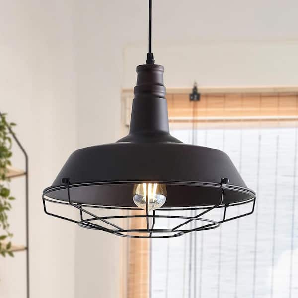 JONATHAN Y Farmhouse 14.25 in. 1-Light Oil Rubbed Bronze Adjustable Industrial Metal LED Pendant