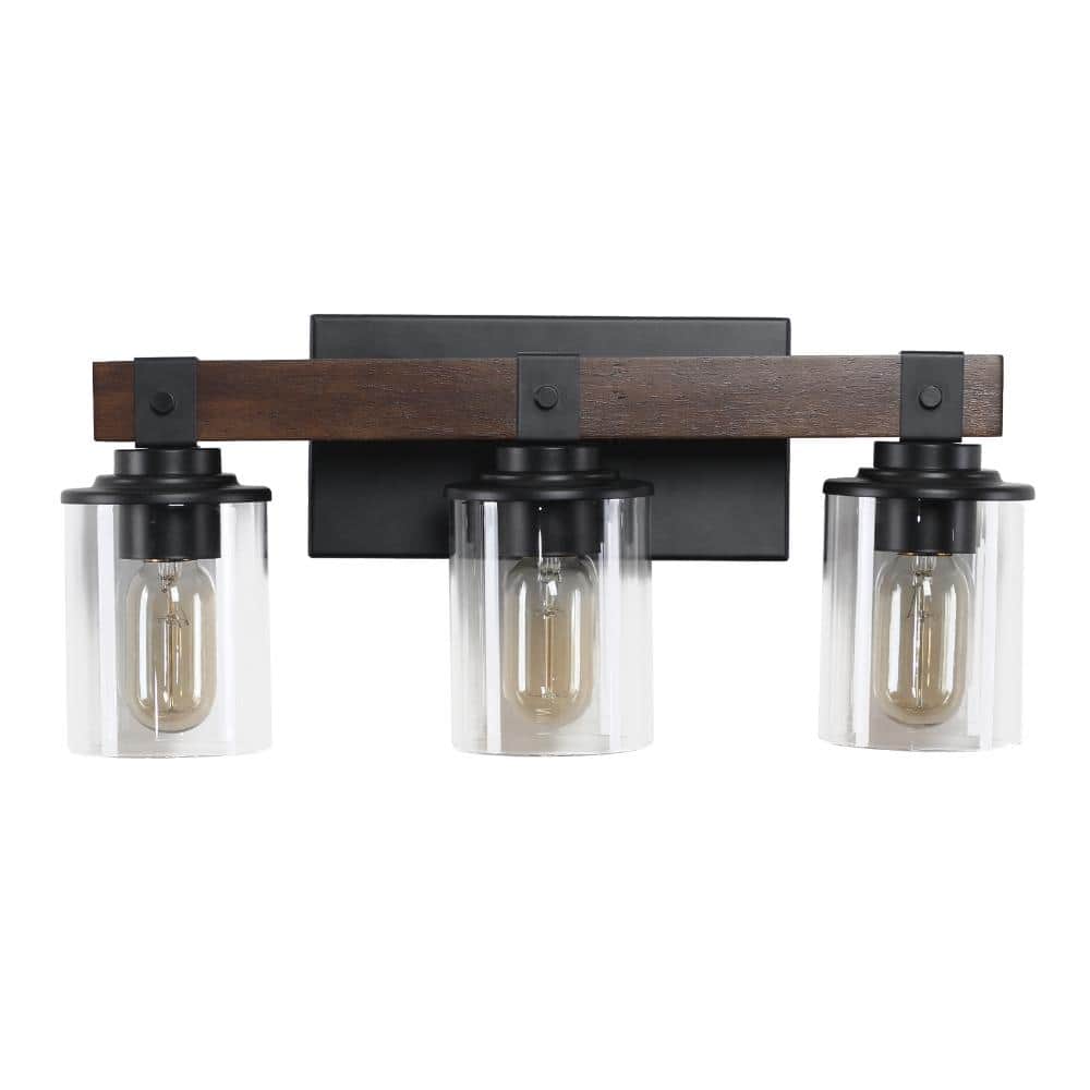 3-Light Brown Vanity Light with Cylindrical Clear Glass Shades and Solid Wood Frame, E26 Bulbs Not Included price history on PriceWatchPro