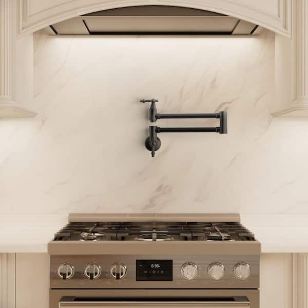 Wall Mount Retractable 360° Swivel Pot Filler Kitchen Faucet Dual Handle 1.8 GPM in Matte Black