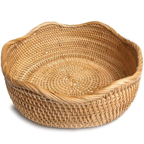 Honey Brown Handmade Rattan Bread Baskets, 10.2 in. Diameter, Round Wicker Fruit Serving Storage Bowls, Durable