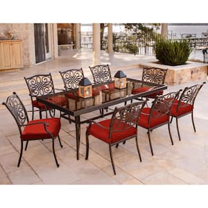 Traditions 9-Piece Aluminum Outdoor Dining Set with Rectangular Glass-Top Table with Red Cushions