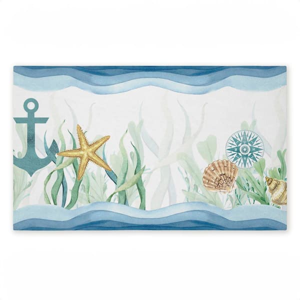 Bayside Sea Life & Waves Blue 18 in. x 30 in. Polyester Non-Slip Outdoor Door Mat