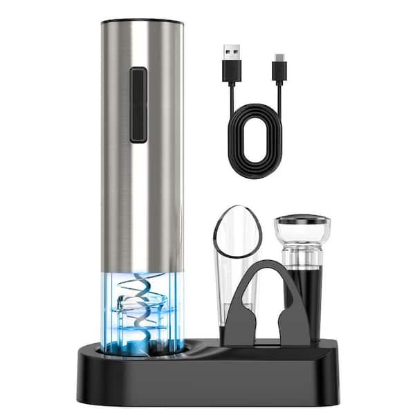 Automatic Electric Wine Bottle Opener Set Silver Kitchen Wine Opener with Aerator, Foil Cutter, Stopper, Base