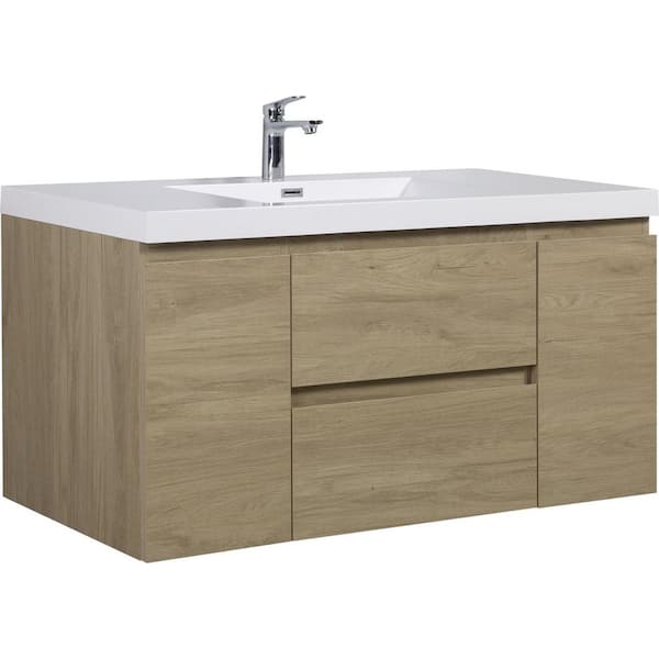 Espace 47.2 in. Modern Wall-Mounted Floating Natural Oak Bath Vanity with White Resin Top, Cabinet, Drawers