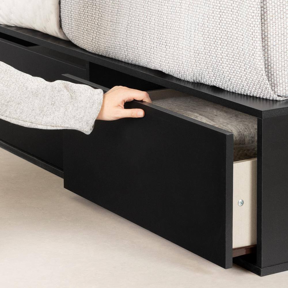 Queen Pure Black Wood Frame Upholstered Platform Bed with 6 Drawers