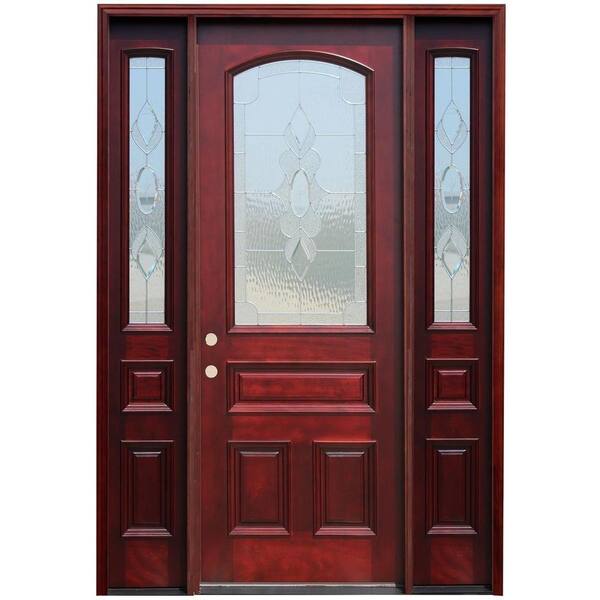 Pacific Entries 66in.x96in. Traditional 3/4 Arch Lt Stained Mahogany Wood Prehung Front Door w/12 in. Sidelites and 8 ft. Height Series
