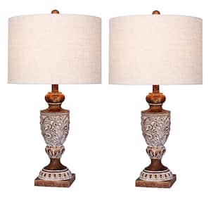 26.5 in. Antique Brown Distressed, Decorative Urn Resin Table Lamp (2-Pack)
