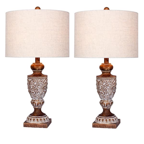 Fangio Lighting 26.5 in. Antique Brown Distressed, Decorative Urn Resin Table Lamp (2-Pack)