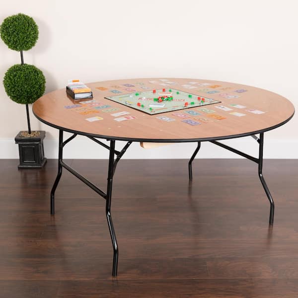 Furman 60 in. L Round Natural Wood Top with Clear Coated Finished Top Folding Table