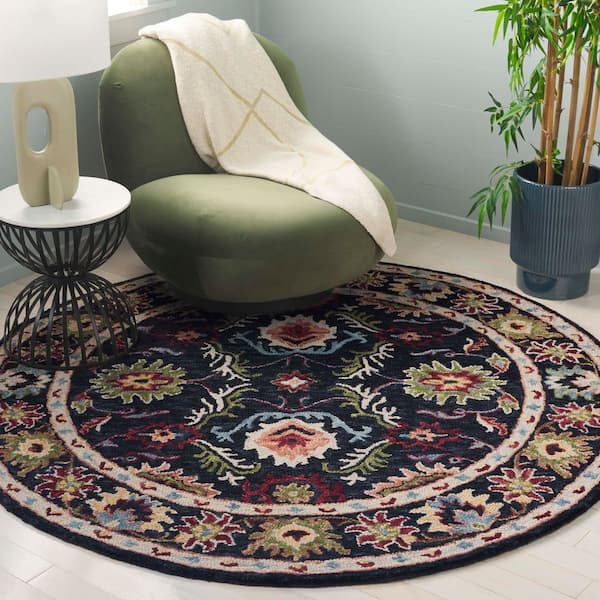 Blossom 6 ft. x 6 ft. Black/Ivory Border Ornate Round Area Rug