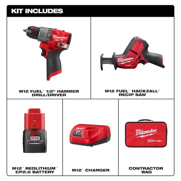 M12 FUEL 12-Volt Li-Ion Brushless Cordless 1/2 in. Hammer Drill Kit w CP 2.0Ah Battery, Charger & M12 FUEL Recip Saw