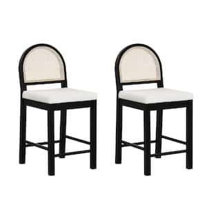 Bailey 24 in. Upholstered Boucle Rattan and Wood Counter Height Bar Stool w/ Woven Back, Cream Boucle/Black Oak,Set of 2