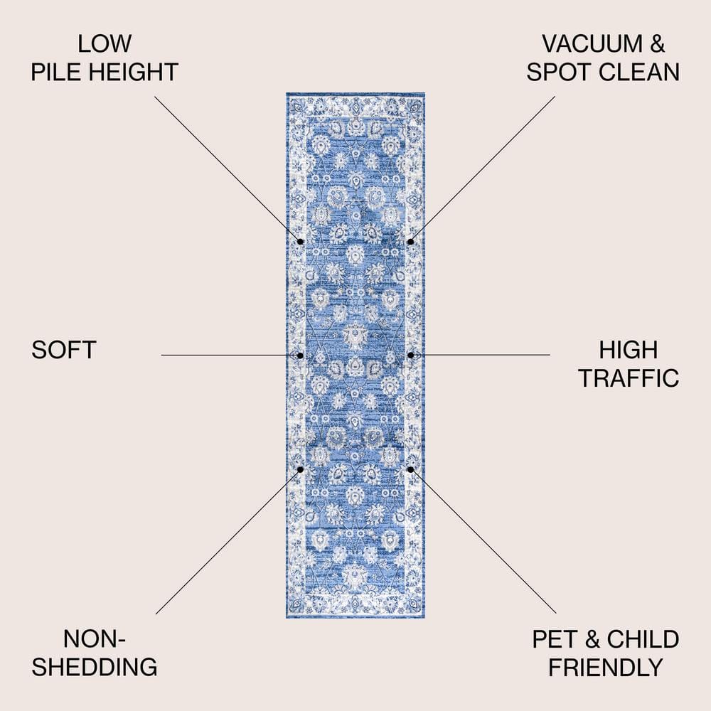 Blue and Ivory Floral Synthetic Runner Rug