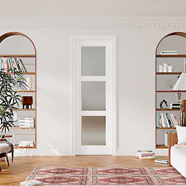 32 in. x 80 in. 3 Lite Frosted Glass Prehung Interior Door Left-Handed White MDF with Door Jamb and Hardware Kit