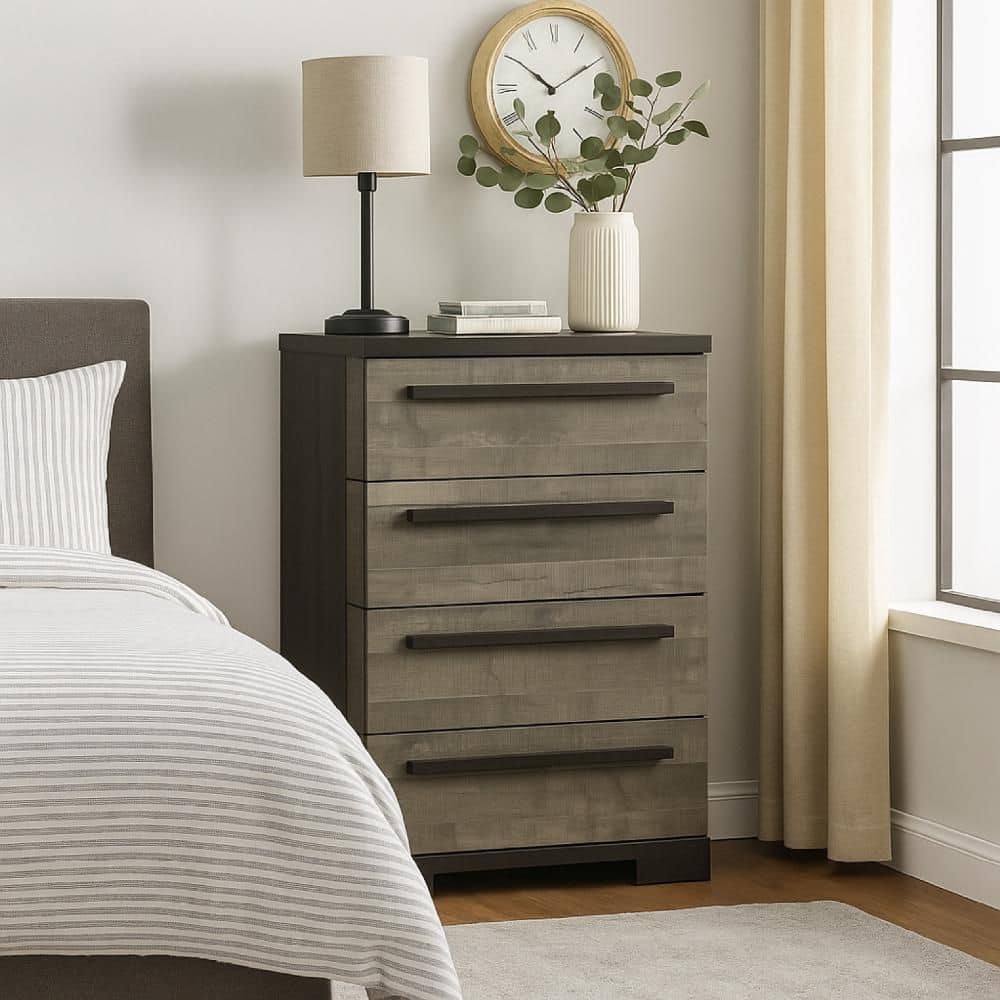 grey and black dresser Benjara Ruthe Tall Chest with 4 Drawers Ebony Gray Wood Size:44DD redcarpet scale handles offer easy Plus Size - Halloween