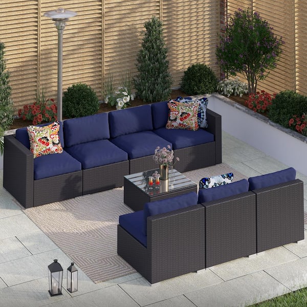 PHI VILLA Black 7 Seat 8-Piece Rattan Wicker Steel Patio Outdoor Sectional Set and Coffee Table with Blue Cushions