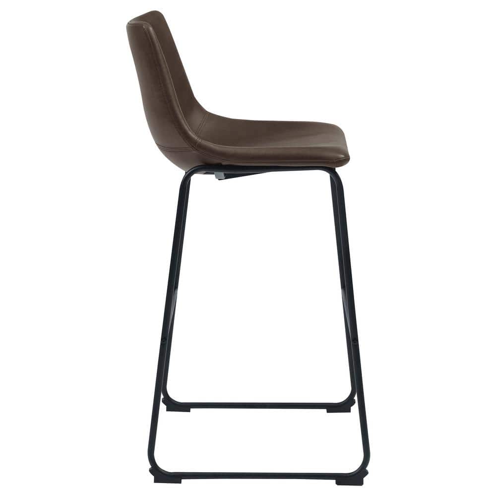 Brown Leather and Black Metal Industrial Bar Stools, Set of 2
