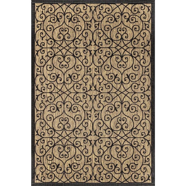Madrid Vintage Filigree Black/Khaki 7 ft. 9 in. x 10 ft. Textured Weave Indoor/Outdoor Area Rug